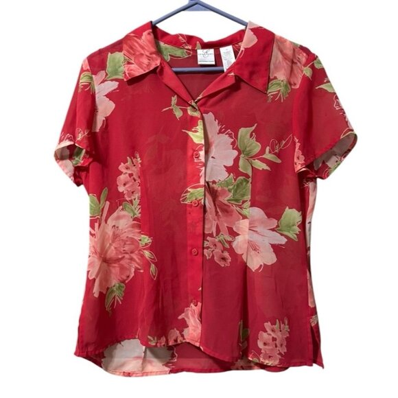 Emma James Women Sz 10 Button Down Blouse Sheer Short Sleeve Lightweight‎ Floral - Picture 1 of 11